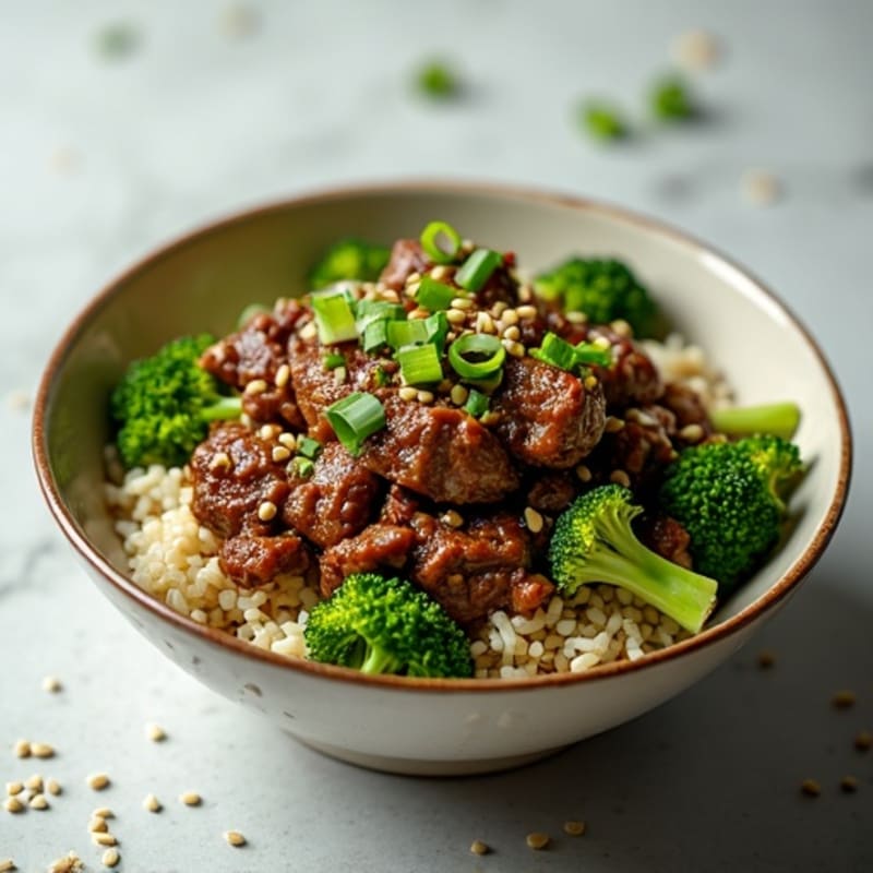 Garlic-Ginger Beef and Crispy Broccoli Rice Bowl