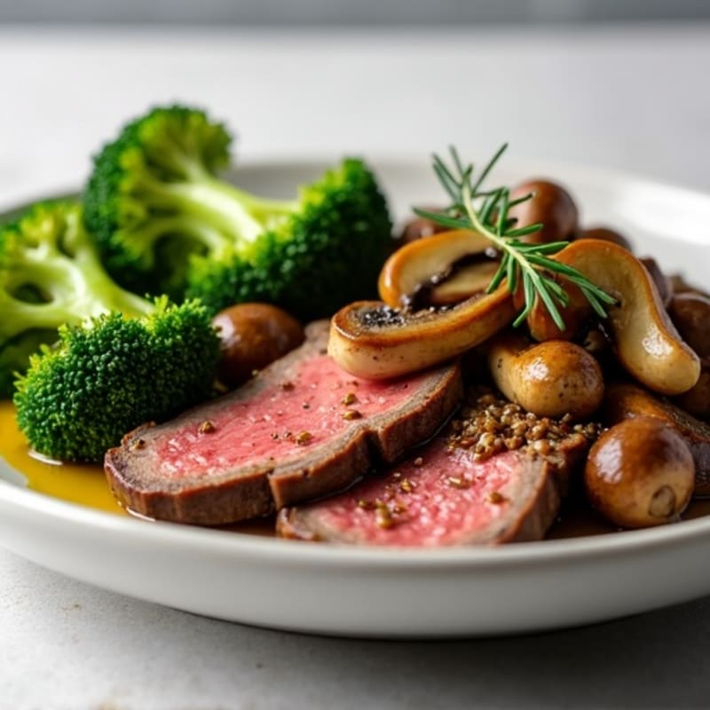 Seared Lean Beef with Roasted Broccoli and Garlic Mushrooms