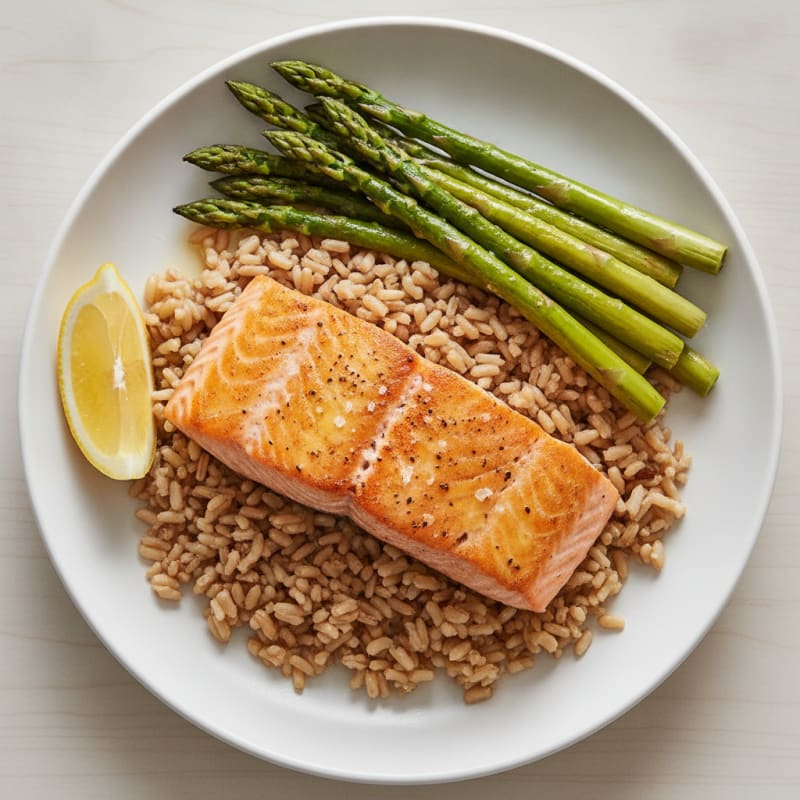 Seared Salmon with Steamed Asparagus and Brown Rice