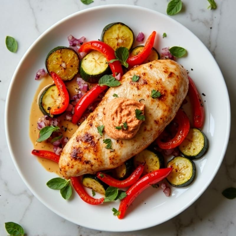 Sheet Pan Chicken and Roasted Vegetables with Creamy Roasted Red Pepper Hummus