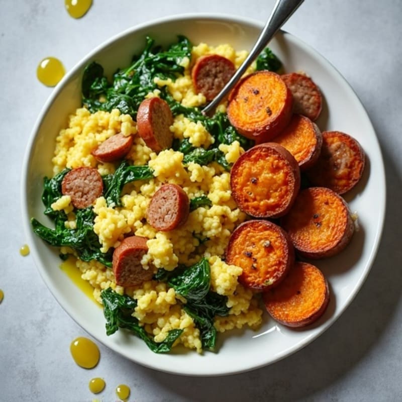 Egg White Spinach Scramble with Turkey Sausage and Roasted Sweet Potatoes