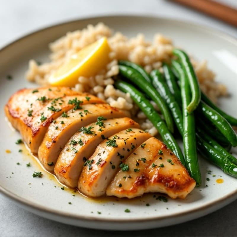 Citrus-Garlic Chicken Breast with Sautéed Green Beans and Brown Rice