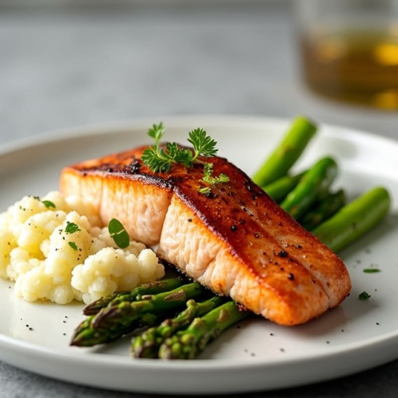 Seared Salmon with Roasted Asparagus and Cauliflower Mash