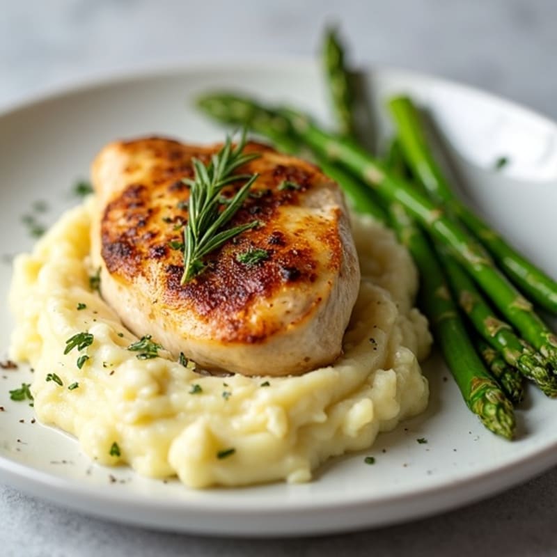 Herb-Roasted Chicken with Creamy Garlic Mashed Potatoes and Tender Asparagus