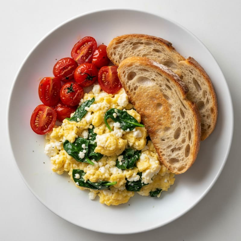 Cottage Cheese Egg Scramble with Spinach and Cherry Tomatoes