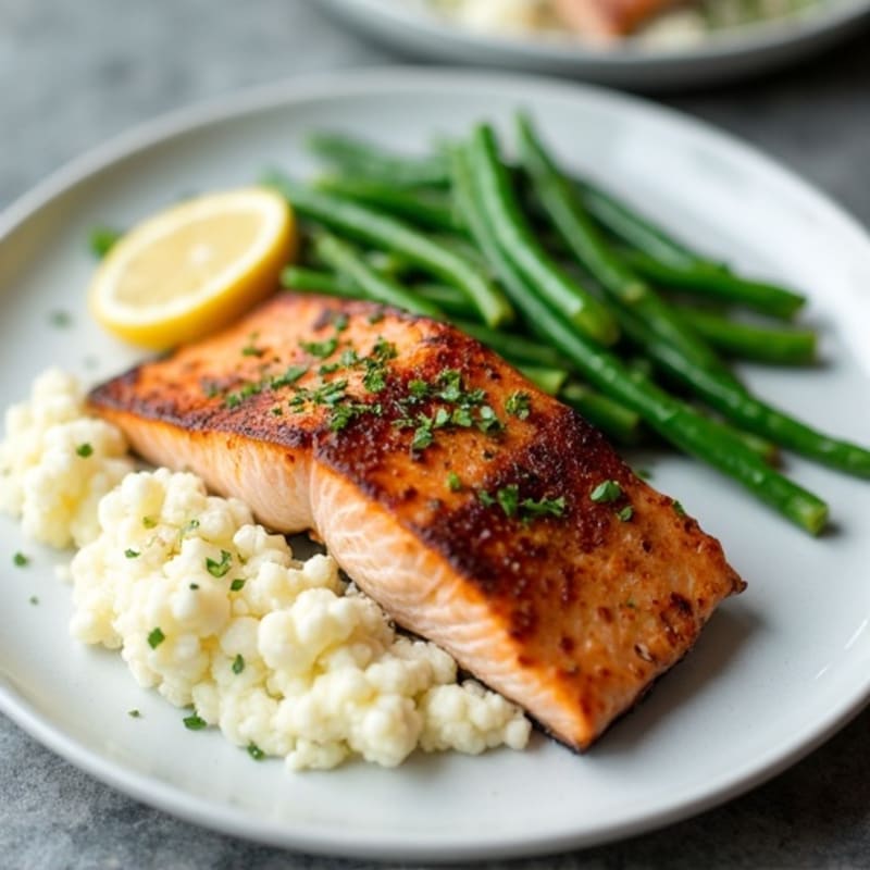 Seared Salmon with Steamed Green Beans and Garlic Mashed Cauliflower