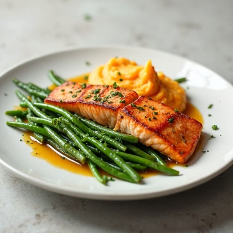 Seared Salmon with Garlic Green Beans and Sweet Potato Mash