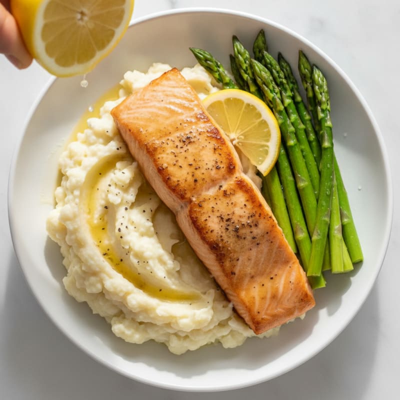 Seared Salmon with Steamed Asparagus and Garlic Mashed Cauliflower