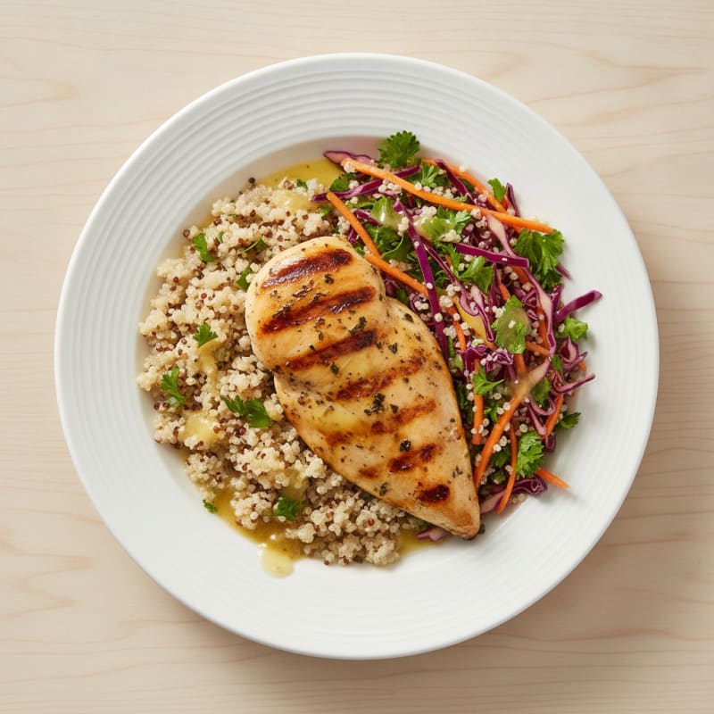 Grilled Chicken Breast with Crunchy Cabbage Slaw and Quinoa