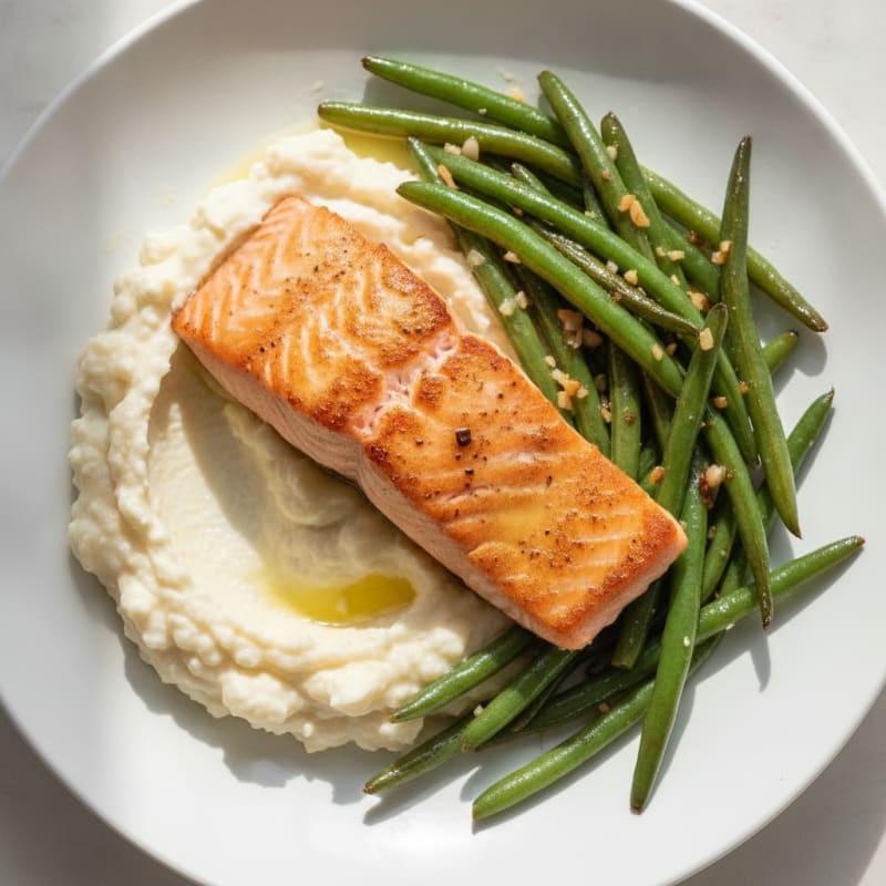 Seared Salmon with Garlic Green Beans and Cauliflower Mash