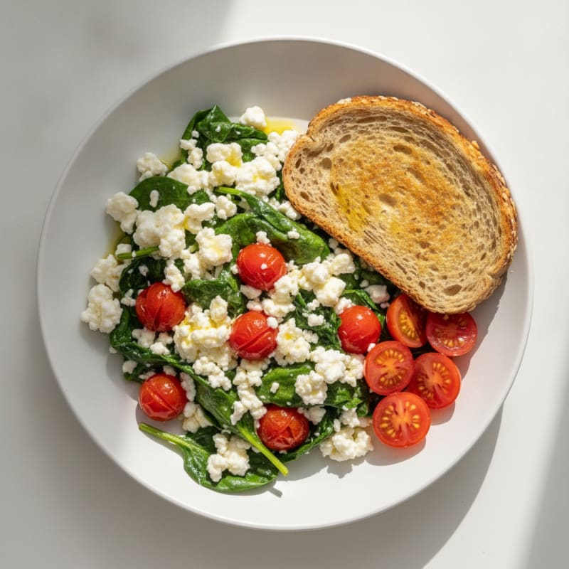 Cottage Cheese Egg White Scramble with Sautéed Spinach and Cherry Tomatoes