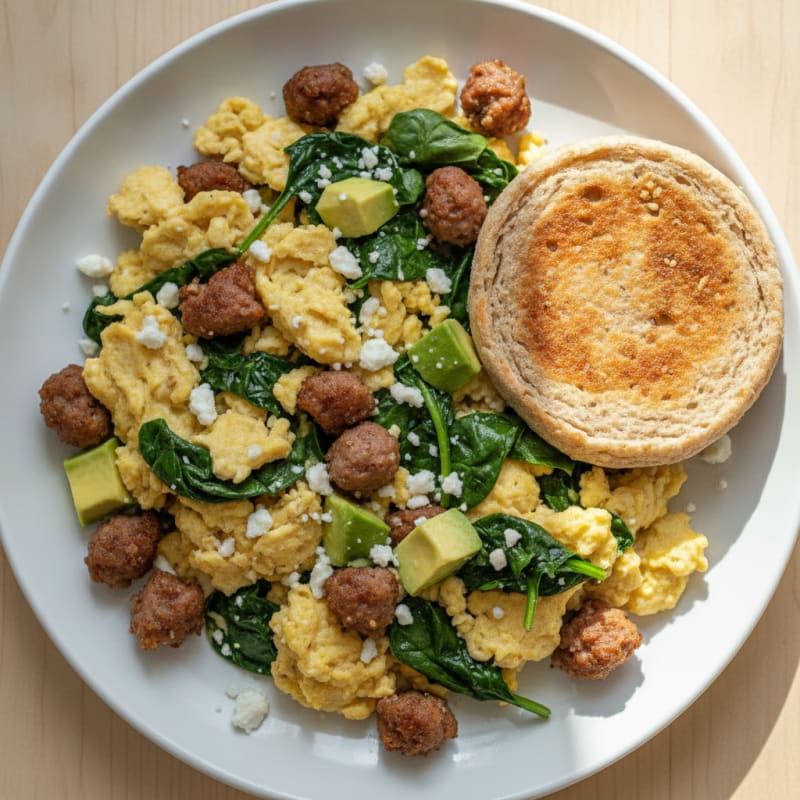 Scrambled Eggs with Turkey Sausage and Sautéed Spinach