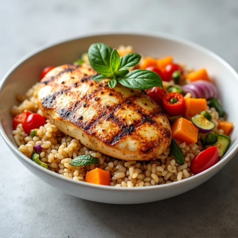 Grilled Chicken Breast Rice Bowl with Roasted Vegetables and Sweet Potato
