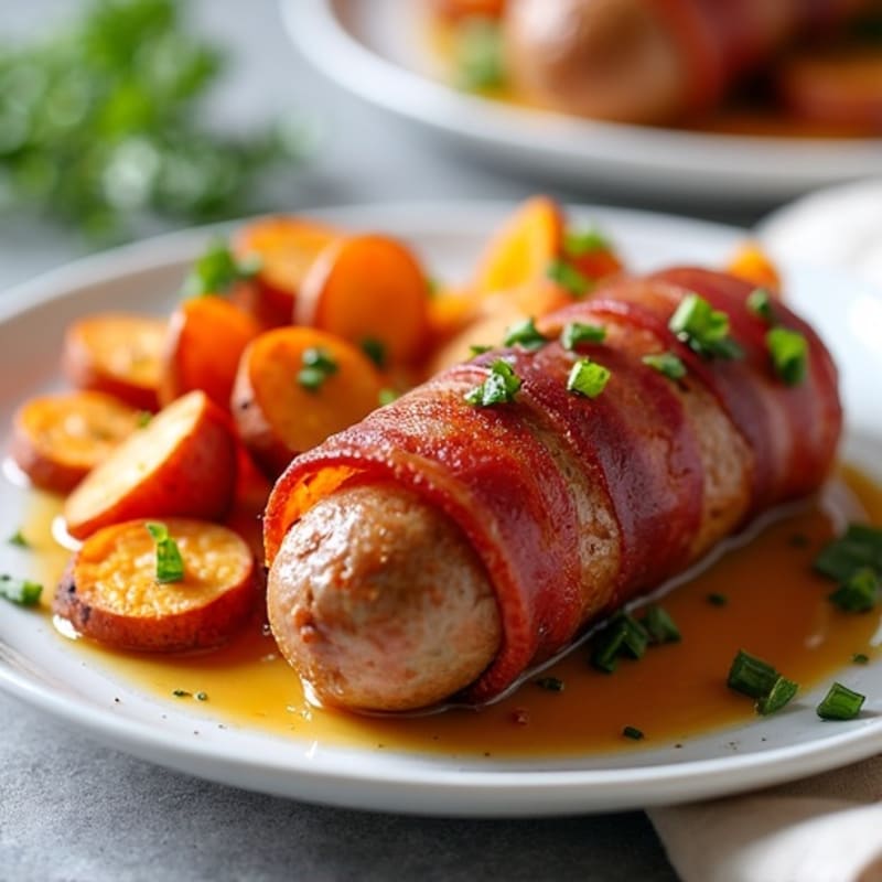 Crispy Turkey Bacon-Wrapped Chicken Sausage with Roasted Sweet Potatoes