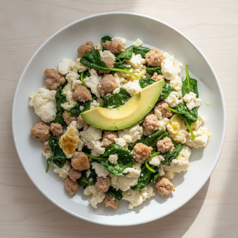 Egg White and Turkey Sausage Scramble with Sautéed Spinach
