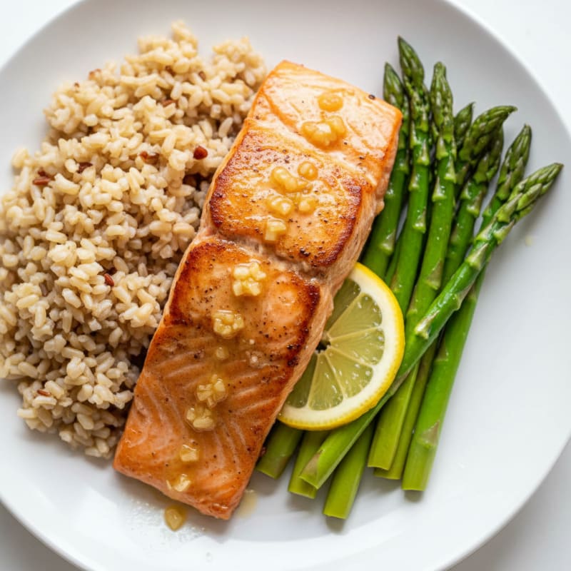 Seared Salmon with Steamed Asparagus and Brown Rice