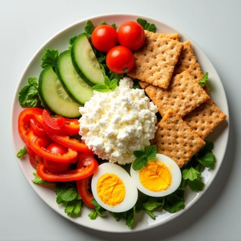 Protein-Packed Snack Plate with Fresh Vegetables and Crispy Crackers