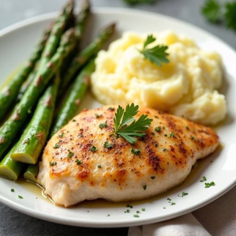 Lemon Garlic Pan-Seared Chicken with Creamy Buttery Garlic Mashed Potatoes and Fresh Asparagus