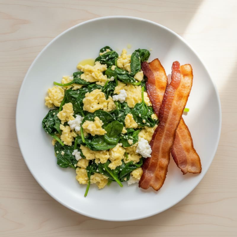 Cottage Cheese Egg Scramble with Sautéed Spinach and Turkey Bacon