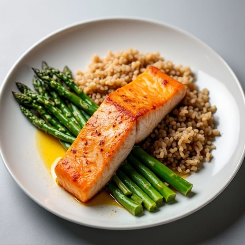 Seared Salmon Fillet with Steamed Asparagus and Brown Rice