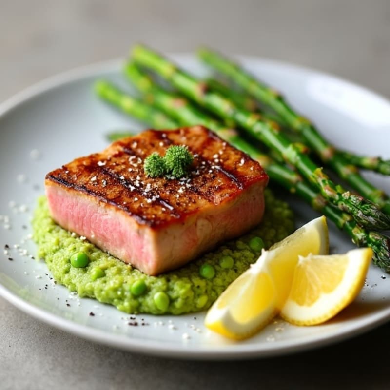 Seared Tuna Steak with Edamame Mash and Roasted Asparagus