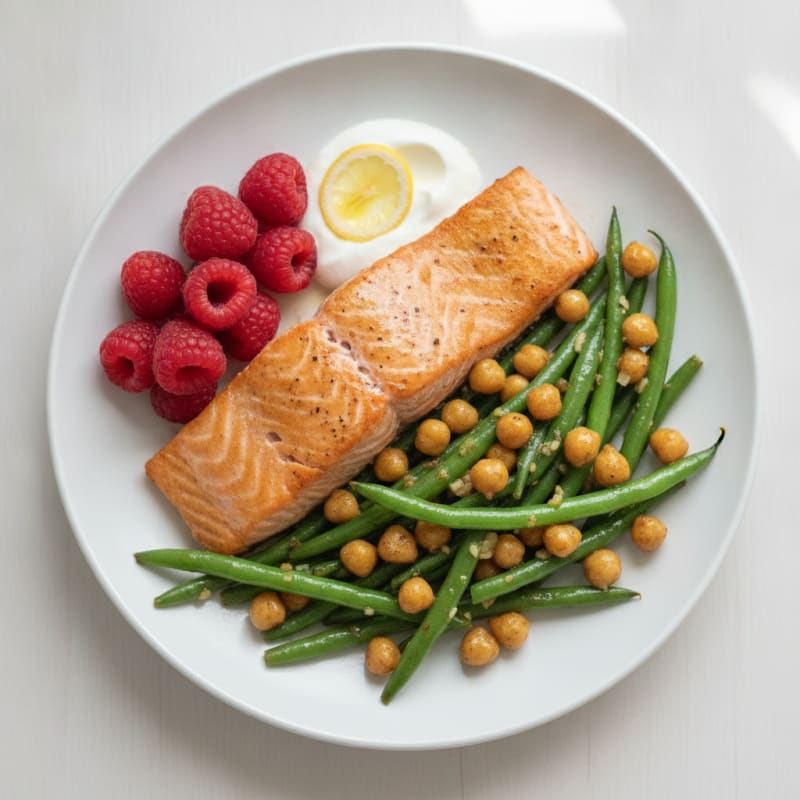 Seared Salmon with Garlic Green Beans and Crispy Chickpeas