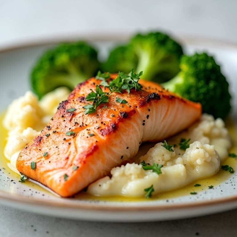 Seared Salmon with Steamed Broccoli and Garlic Cauliflower Mash