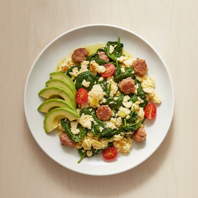Egg White Spinach Scramble with Turkey Sausage