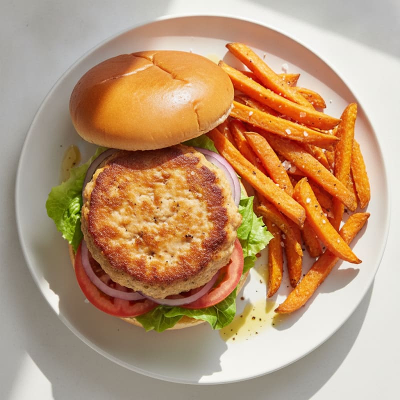 Ground Turkey Burger with Sweet Potato Fries