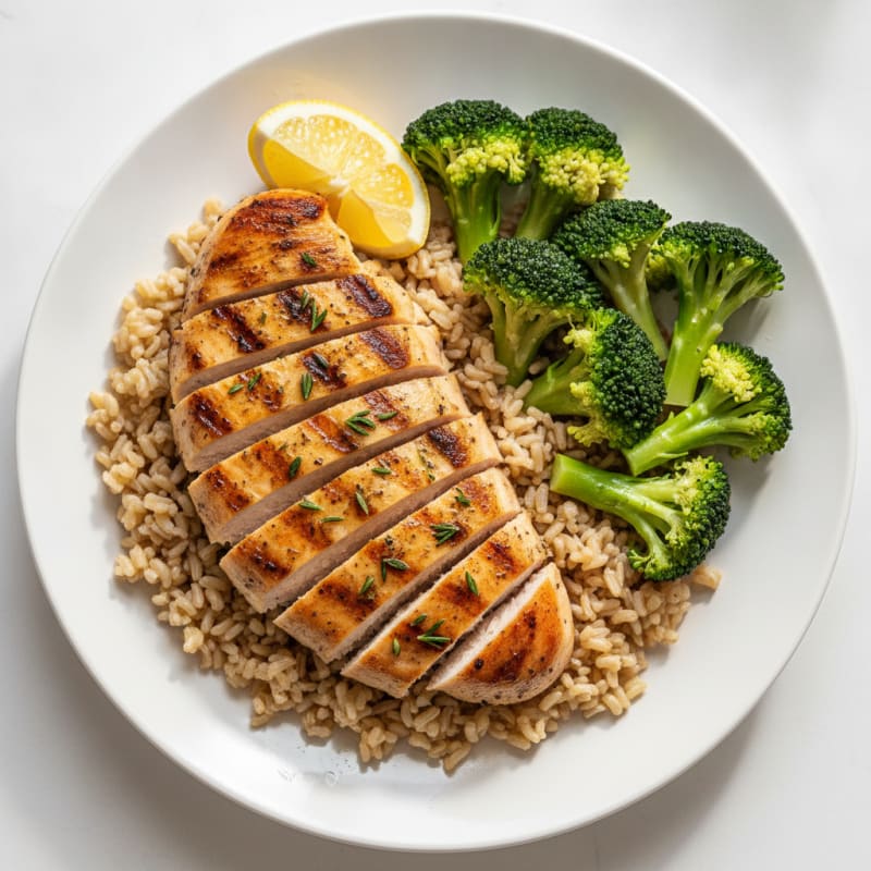 Grilled Herb Chicken Breast with Steamed Broccoli and Brown Rice