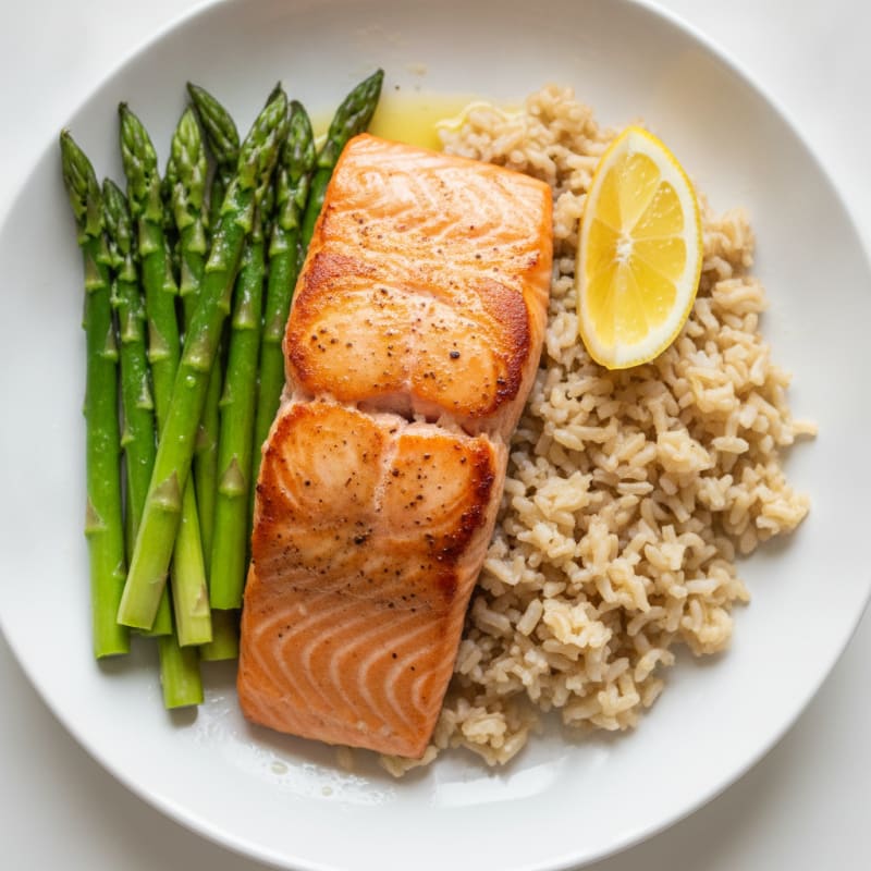 Seared Salmon with Steamed Asparagus and Brown Rice