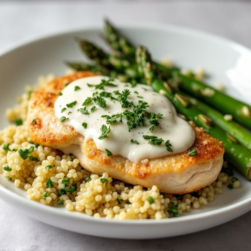 Creamy Garlic Herb Chicken with Roasted Asparagus and Quinoa