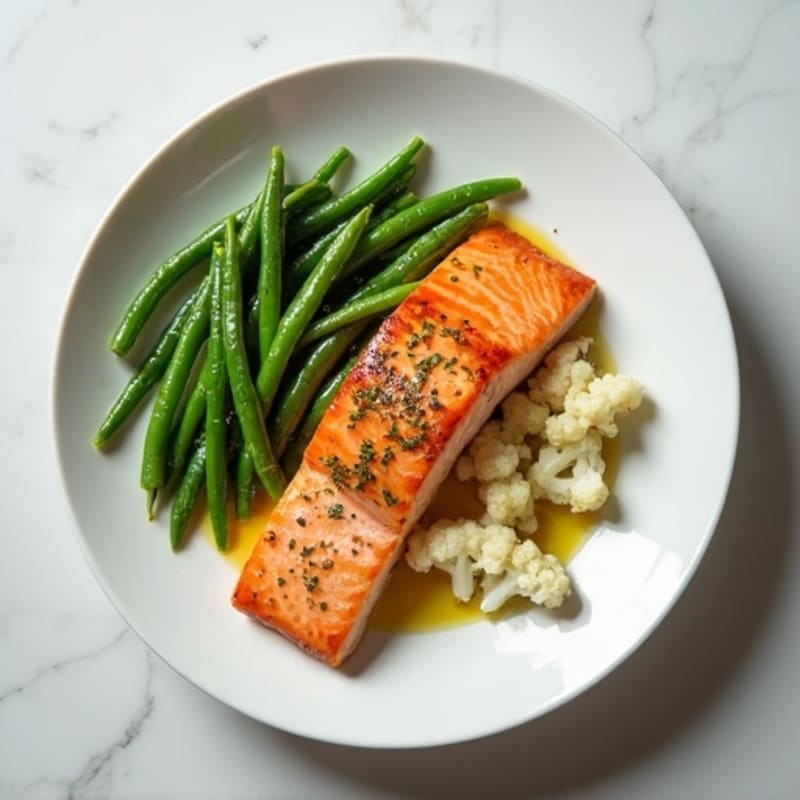 Seared Salmon with Garlic Green Beans and Cauliflower Mash