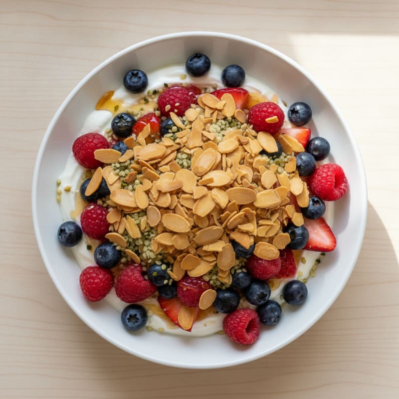 Creamy Greek Yogurt with Mixed Berries and Almond Crunch
