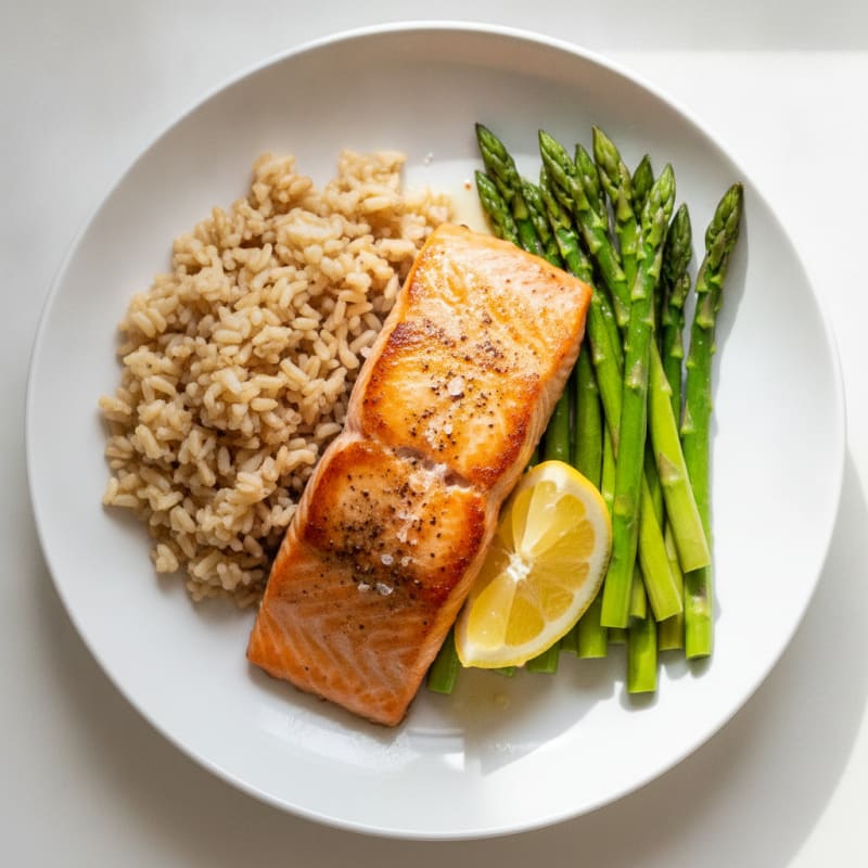 Seared Salmon Fillet with Steamed Asparagus and Brown Rice