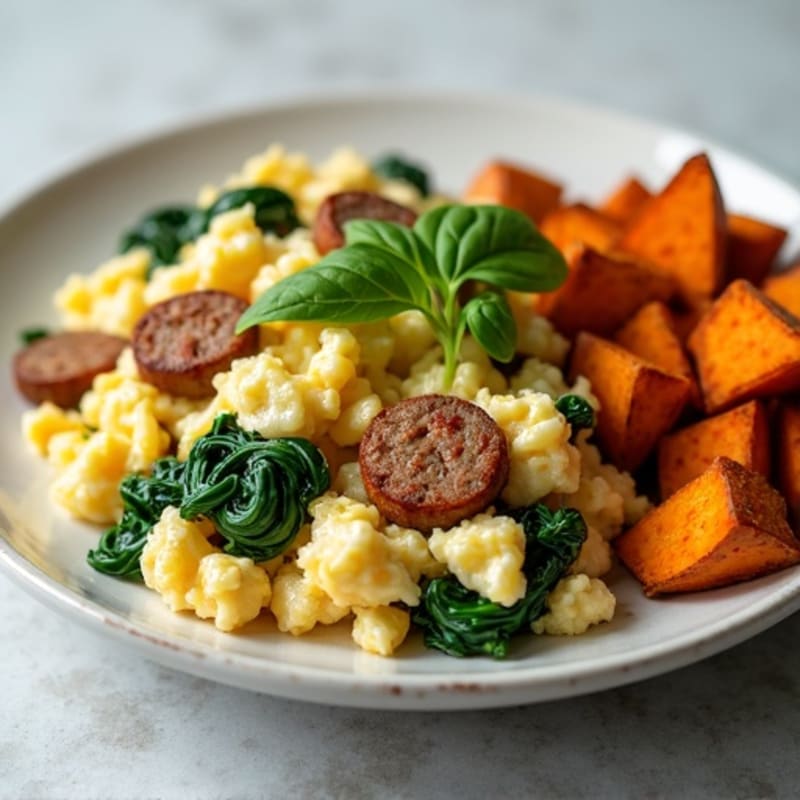 Egg White and Turkey Sausage Scramble with Spinach and Roasted Sweet Potato