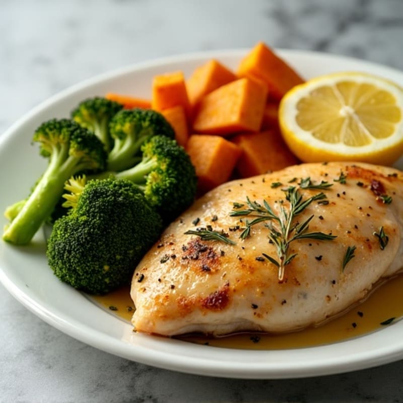 Lemon Herb Roasted Chicken with Crispy Roasted Broccoli and Sweet Potatoes