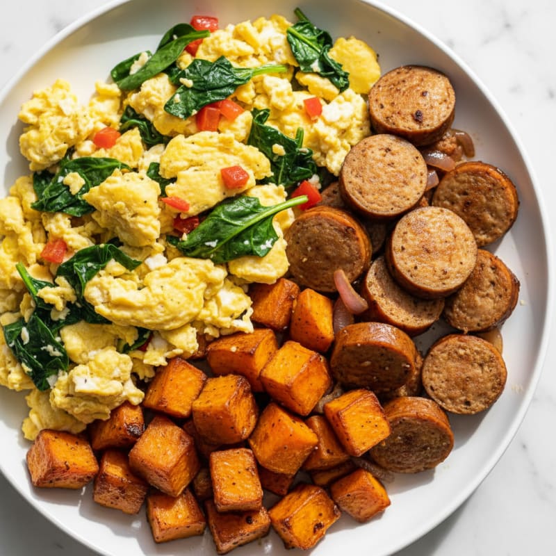Scrambled Eggs with Chicken Sausage and Roasted Sweet Potatoes