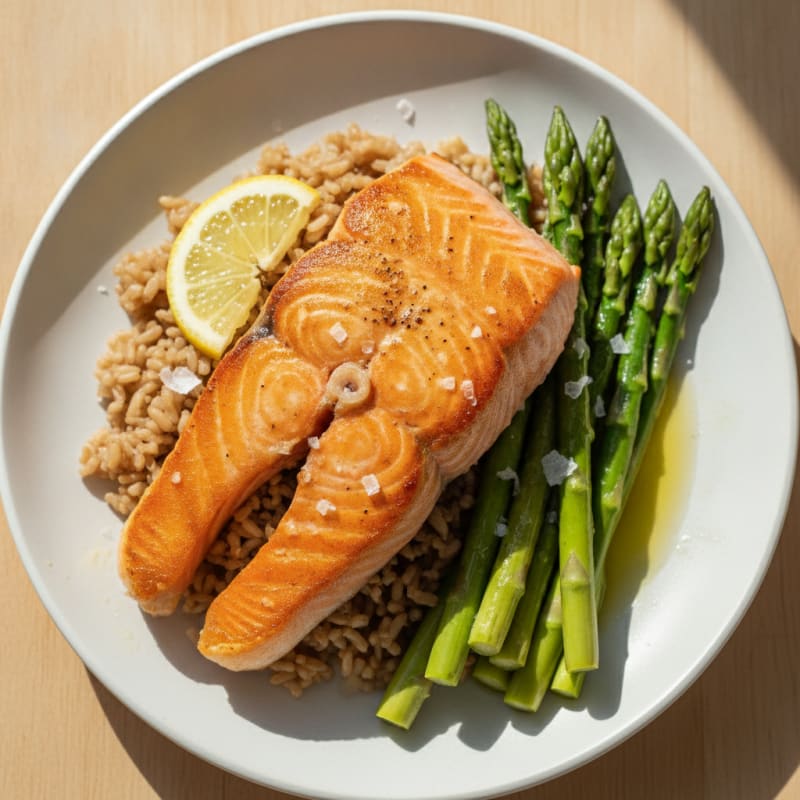 Seared Salmon with Steamed Asparagus and Brown Rice