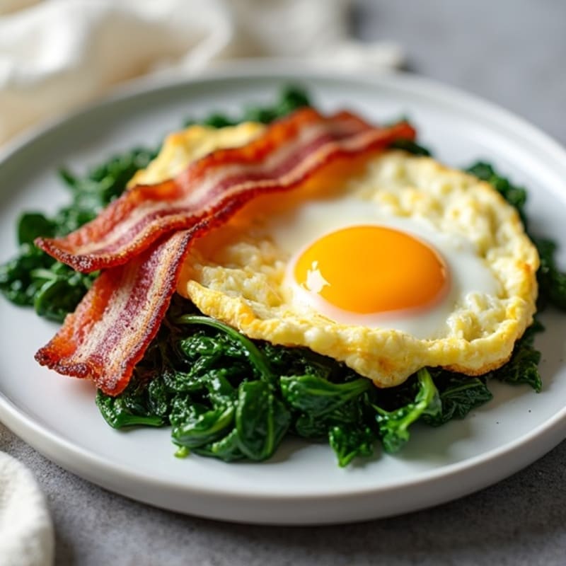 Crispy Turkey Bacon and Egg White Scramble with Sautéed Spinach