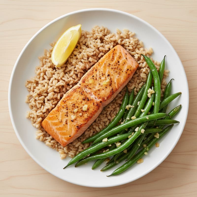 Seared Salmon with Garlic Green Beans and Brown Rice