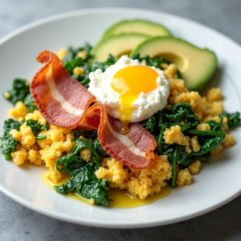 Egg White and Spinach Scramble with Cottage Cheese and Turkey Bacon