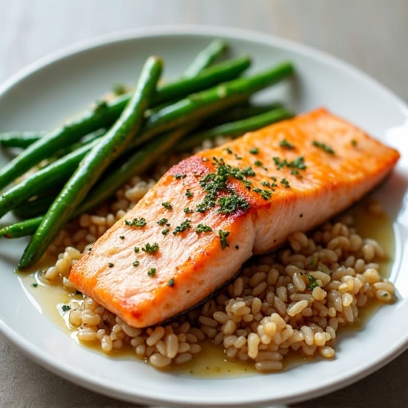 Seared Salmon with Garlic Green Beans and Brown Rice