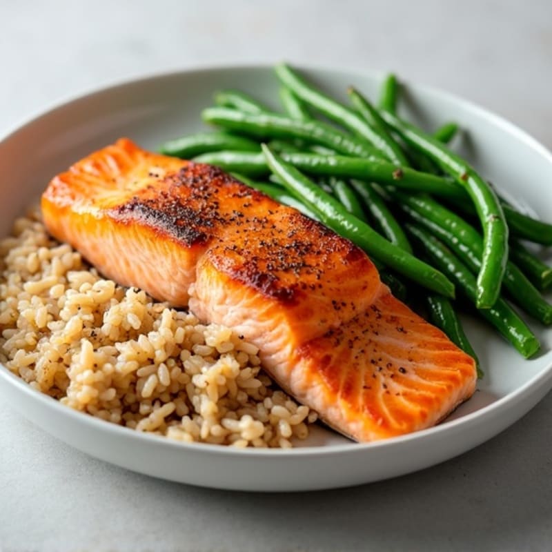 Seared Salmon with Garlic Green Beans and Brown Rice