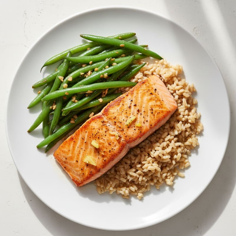 Seared Salmon with Garlic Green Beans and Brown Rice