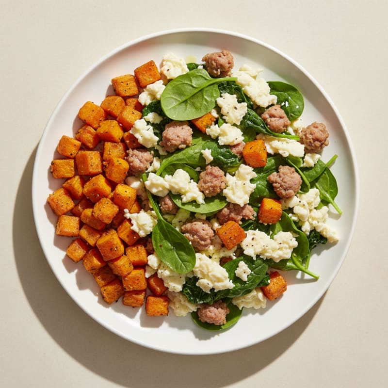 Egg White Scramble with Spinach, Turkey Sausage, and Sweet Potato Hash