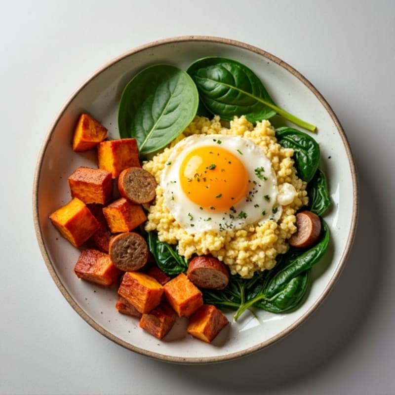 Egg White and Turkey Sausage Scramble with Spinach and Roasted Sweet Potato