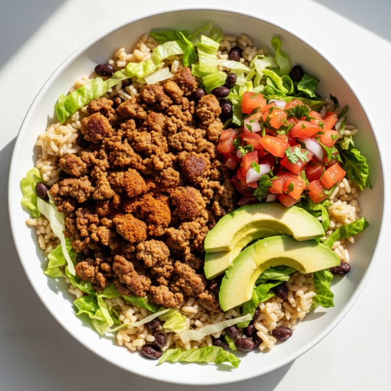 Lean Ground Turkey Taco Bowl with Brown Rice and Shredded Lettuce