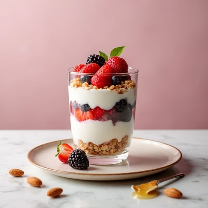 Greek Yogurt Parfait with Crunchy Almonds and Fresh Berries
