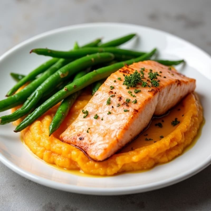 Seared Salmon with Garlic Mashed Sweet Potatoes and Steamed Green Beans